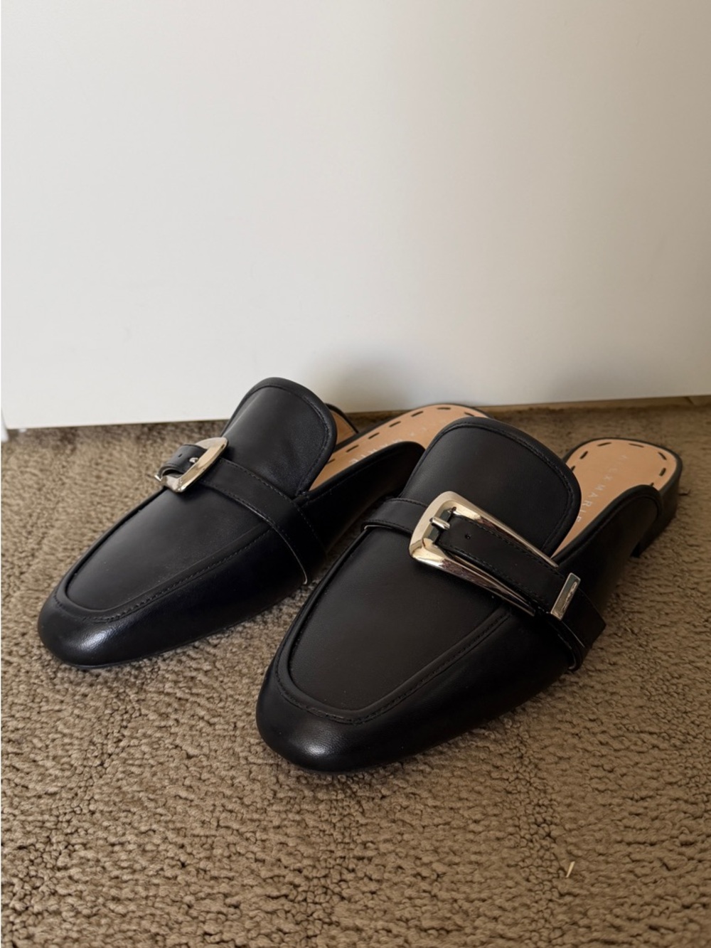 Alex Marie “Karen” black mules with silver buckle, flat, size 10
